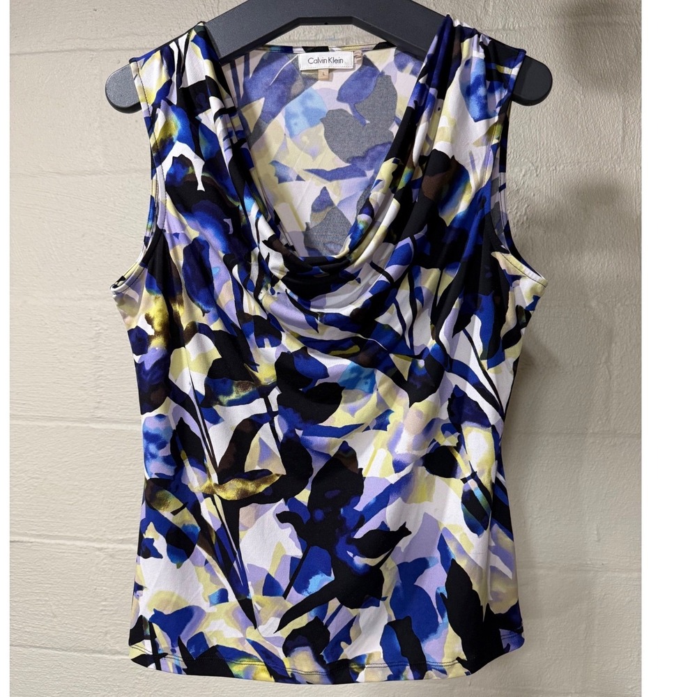 Calvin Klein L Blue Abstract Floral Cowl Neck Sleeveless Blouse Top Professional - Picture 2 of 7